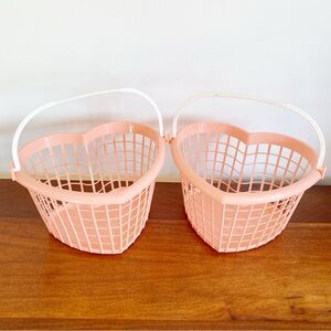 2 Vintage Heart Baskets Plastic with Handles Valentines Day Easter Pink Gift Toy